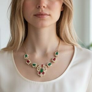 Elegant Silver plated Necklace with Red and Green Accents